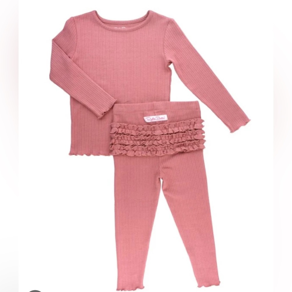 Ruffle Butts Mauve Girls Ribbed Lettuce Hem Long Sleeve Pajama Set.
